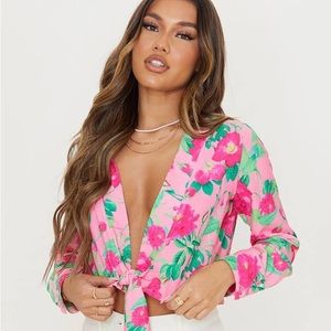 Hot Pink Floral Tie Front Cropped Blouse